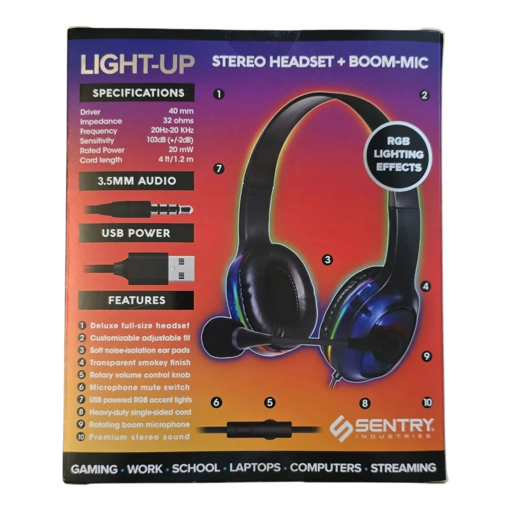 NEW Sentry Light Up Headset Headphones and Boom Mic Gaming Volume Control Mute +